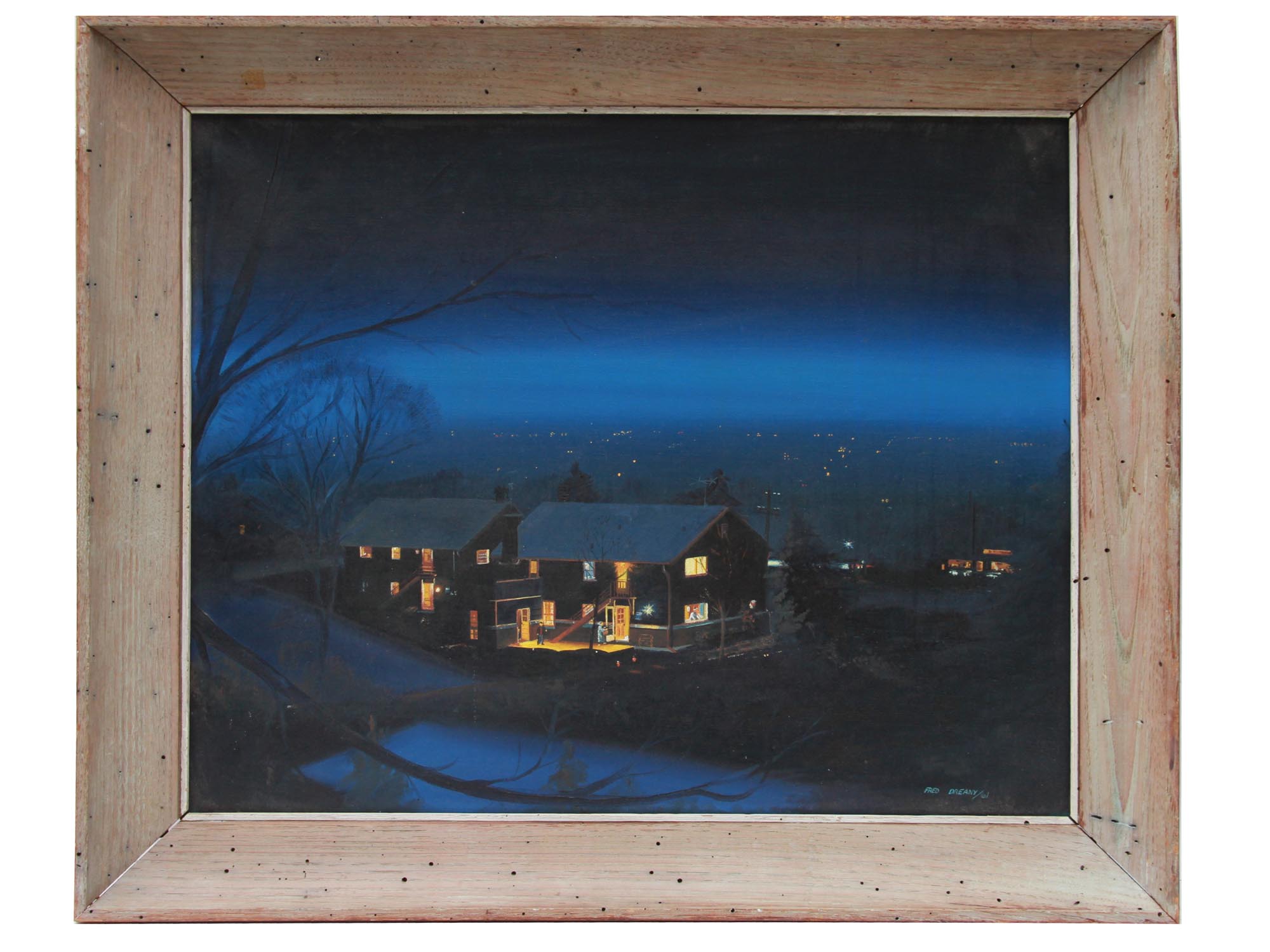 A FRED DREANY OIL PAINTING OF A CITY AT NIGHT PIC-0